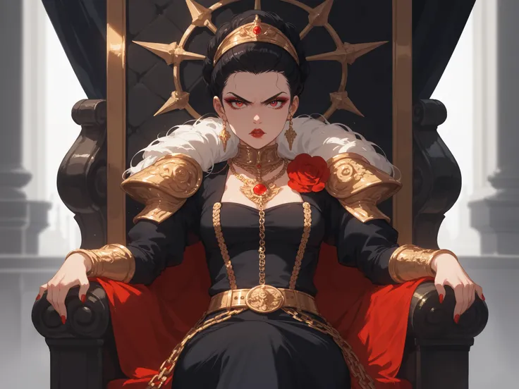 Dark fantasy Anime-style illustration of a brunet, young, ruthless, tyrannical empress with a sharp, commanding Roman hairstyle, seated on an intimidating gothic throne. She wears black ancient Roman attire in deep blood red with dark, intricate gold detai...