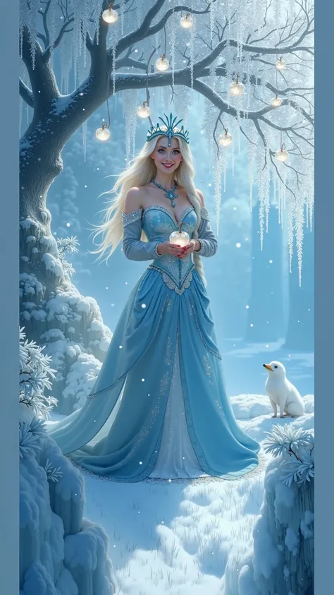 Fairy-tale  beautiful tall and slim princess in blue dress collecting glass apples from the chrystal tree in fantastic winter forest under the light of full moon in the night. Nice skin, smiling and friendly face, look of the godess, golden details on dres...