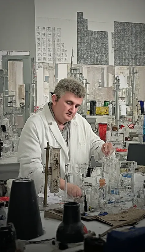 A chemist is doing experiments in his laboratory. The periodic table hangs on the wall behind him. There are things related to chemistry around the chemist