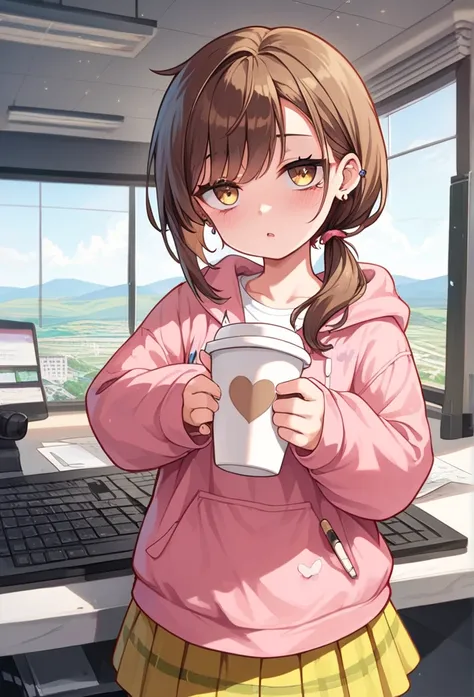 1girl, solo, masterpiece, best quality, (anime art style:1.0), score_9, score_8_up, score_7_up, source_, blushing, straight messy brown hair, bags under her eyes, light makeup, cute girl, holding a cup of coffee in her hand, low ponytail, oversized pink ho...