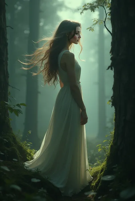 a woman standing in the dimly forest