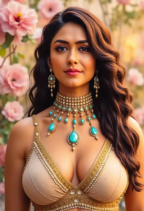 Mrunal as beautiful Indian goddess, goddess of beauty, inspired by Hindu mythology, fleshy thick figure, ideal fat body, alluring figure, Hindu Mythological goddess, with thick busty body and huge  wearing and gemstones jewellery, curly long hair, dress ma...