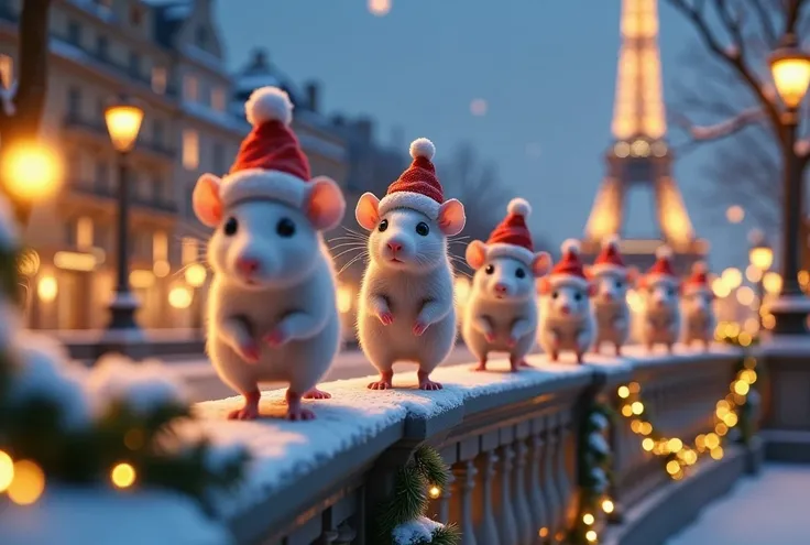 ((masterpiece)) ((photography)) ((Highest quality)) A 4D render of a snowy balustrade filled with young white rats wearing Santa hats. The rats are walking one after another along the snow-covered railing. The background is softly blurred, featuring an ill...