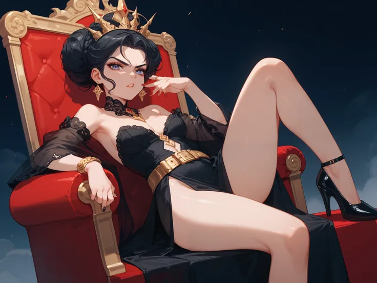 Dark fantasy Anime-style illustration of a brunet, young, ruthless, tyrannical empress with a sharp, commanding Roman hairstyle, seated on an intimidating gothic throne. She wears a black transparent robe, and dark beautiful underwear Adorned with oppressi...