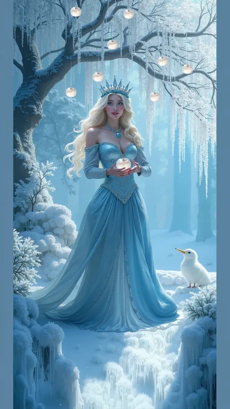 Fairy-tale  beautiful tall and slim princess in blue dress collecting golden apples from the chrystal tree in fantastic winter forest under the light of full moon in the night. Nice skin, friendly face, look of the godess, golden details on dress, deep blu...