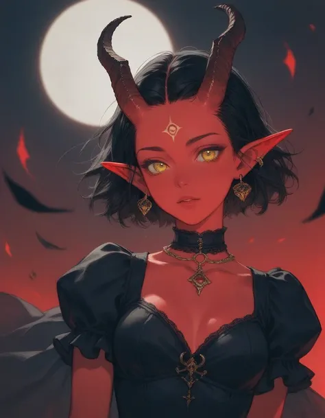 score_9, score_8_up, score_7_up, black hair, (red skin:0.84), demon, yellow, eyes, elf ears, goat horns, earrings, gothic dress, choker, forehead, ((vintage)), gold, 
