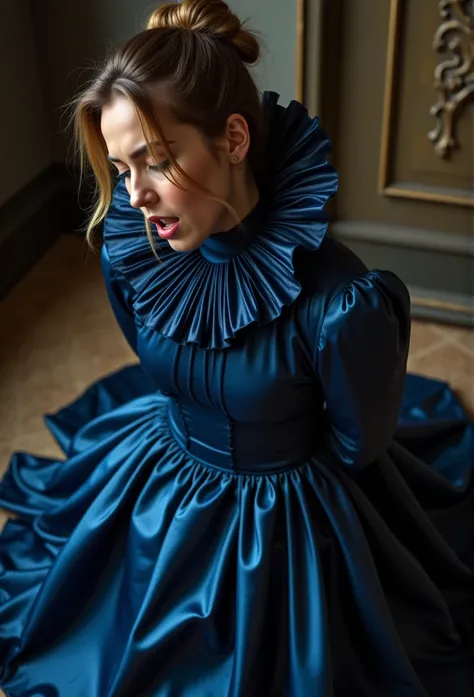 (realistic photograph close up sideways victorian) (birds eye view), (a big bust slender waist pleased beautiful orgasm looking kneeling lady with (messy hair bun)), (she is wearing (an exaggerated elaborate shiny indigo silk high neck dress with (long ext...