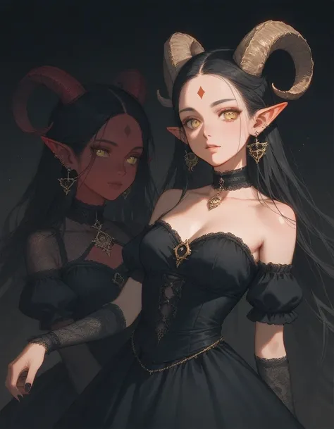 score_9, score_8_up, score_7_up, black hair, (red skin:0.7), demon, yellow, eyes, elf ears, goat horns, earrings, gothic dress, choker, forehead, ((vintage)), gold, 
