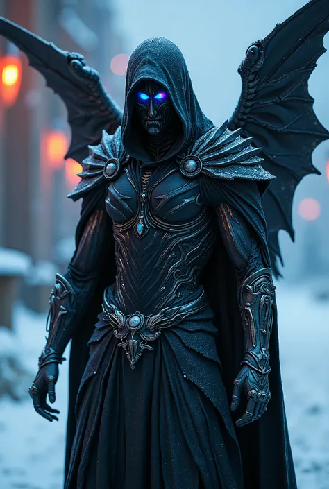 breathtaking cinematic science fiction photo of a portrait of a non human masked Grim dressed as a snowman dressed as The ghost with a male body with a well designed mask with blue blood in his eyes knight with long metal wings in pitch black metalskin cov...