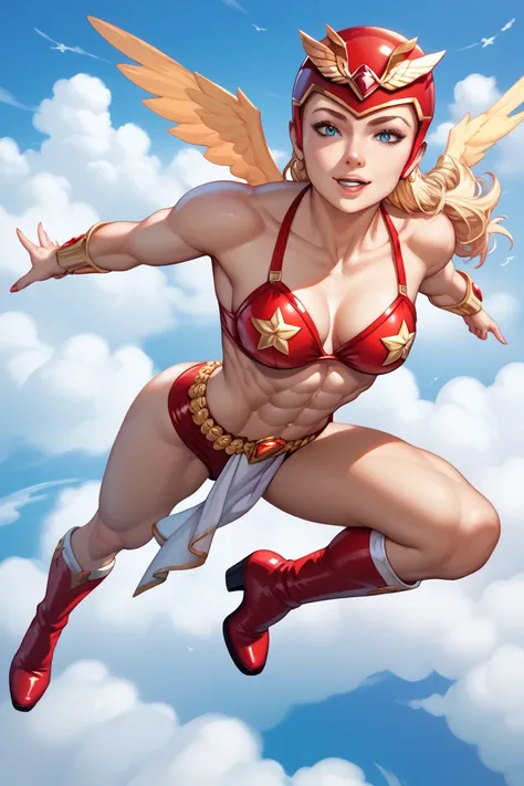 Sexy darna suprrheroine,flying in the clouds,abs,big tits,red bikini suit,red helmet,high boots,very deep clevage