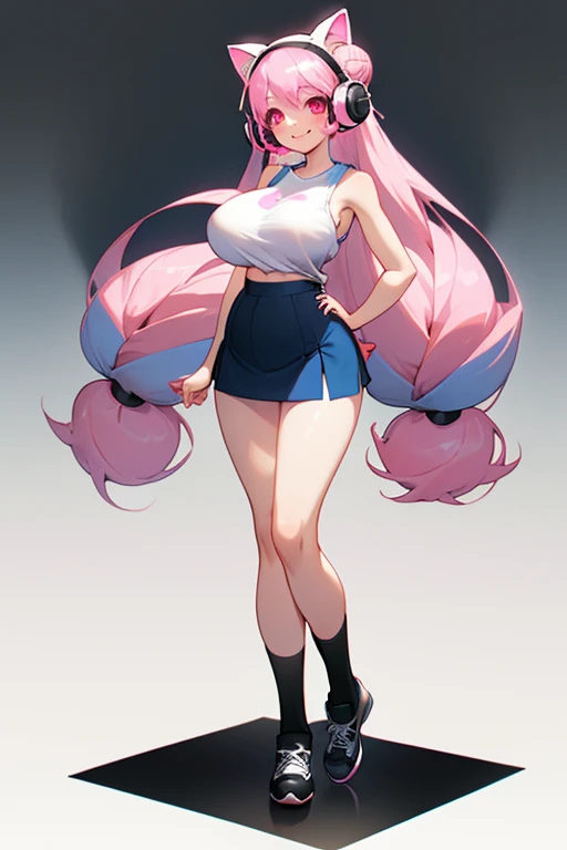 1 girl, smiling, (pretty face),huge breasts  ,  slim waist ,  wide hips,  huge butt,fullbody view, stand,white   sleeveless t-shirt, white bra,pink cat headphones,blue short skirt,very long double bun pink hair, black shoes, long black socks,kitty cute mou...