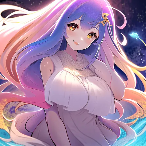 (masterpiece, anthropomorphic kemono fantasy anime style, creative art), a beautiful and cute anthropomorphic, a drawing of a jellyfish kemono girl with long hair and a white blouse, with cosmic hair, !!full body portrait!!, goddess jellyfish, water elemen...