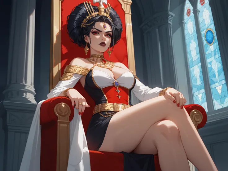 Masterpiece, great job, upscale, dark fantasy Anime-style illustration of a ruthless, tyrannical empress with a sharp, commanding Roman hairstyle, sitting upon an intimidating, gothic throne. She wears ancient Roman attire, deep blood red with dark, intric...