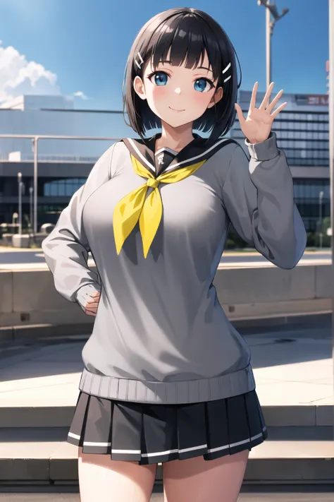 masterpiece, best quality, highres, aasugu, short hair, hairclip, large breasts, grey sweater, black sailor collar, yellow neckerchief, black skirt, standing, cowboy shot, outdoors, smile, waving