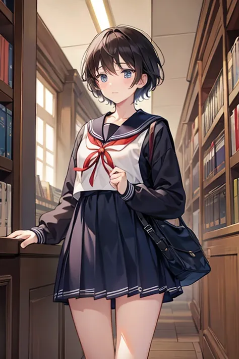 A dark-haired short-haired wizard man in a sailor suit looks embarrassed in the library