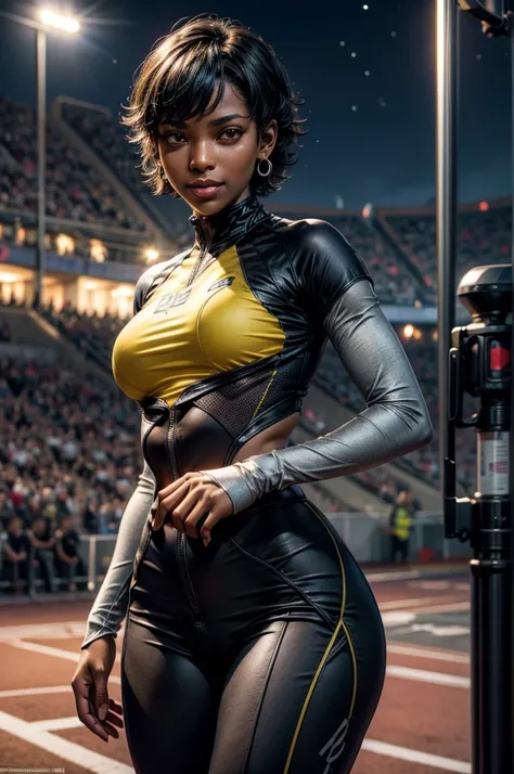 OliveHarper, 1girl, solo,l, short hair, black hair, jewelry, medium breasts, yellow eyes, earrings, t-shirt, tracksuit, dark skin, dark-skinned female, smile, standing outdoors on track, sport stadium, spectators, crowd, night, stars, masterpiece, heart sh...