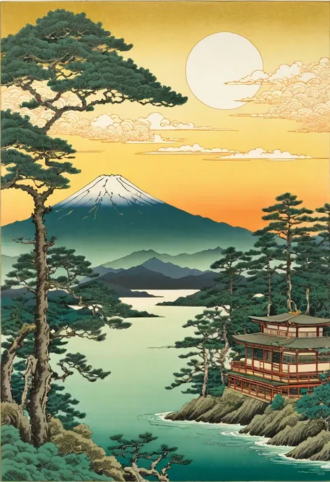 ukiyo-e style With an intricate and lush sea of ​​trees and Mount Fuji in the background, the trees throng and straddle deep, winding canyons carved by raging rivers. Youre surrounded by a lush tapestry of emerald-green trees with gnarled branches and rust...