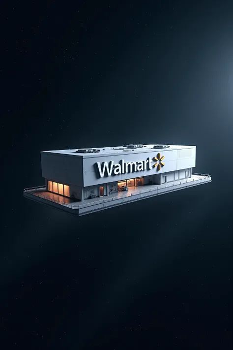 A super realistic photo of a Walmart as a space station in space Huge letters on the side of the white space station say Walmart next to its logo.