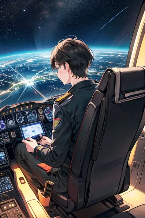 Rear view of a dark-haired pilot man sitting in the cockpit of a Boeing 787 about to land on the runway at night