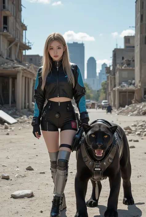 In the middle of a desolate, post-apocalyptic city, a young woman with long hair, wearing a cropped cyberpunk jacket and combat gear, stands proudly with an armored black panther by her side. The panther is equipped with futuristic armor that complements t...