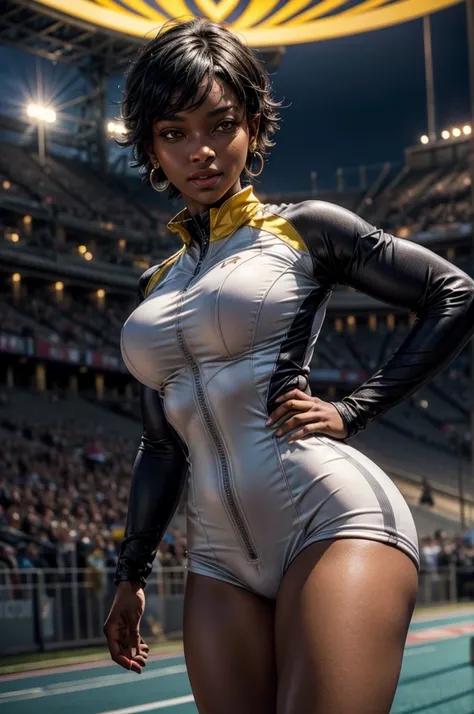 OliveHarper, 1girl, solo,l, short hair, black hair, jewelry, medium breasts, yellow eyes, earrings, t-shirt, tracksuit, dark skin, dark-skinned female, smile, standing outdoors on track, sport stadium, spectators, crowd, night, stars, masterpiece, heart sh...