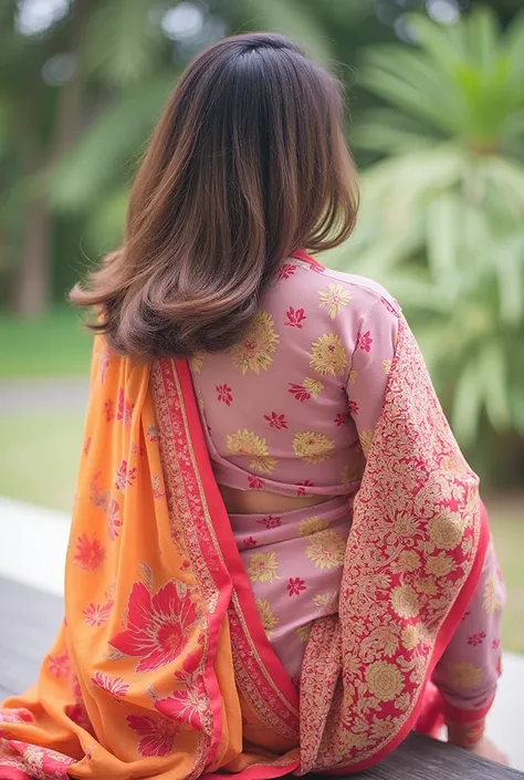 Bangladeshi model girl wearing sari with long hair back side view outdoor seating super ultra realistic image quality professional photographer creation 