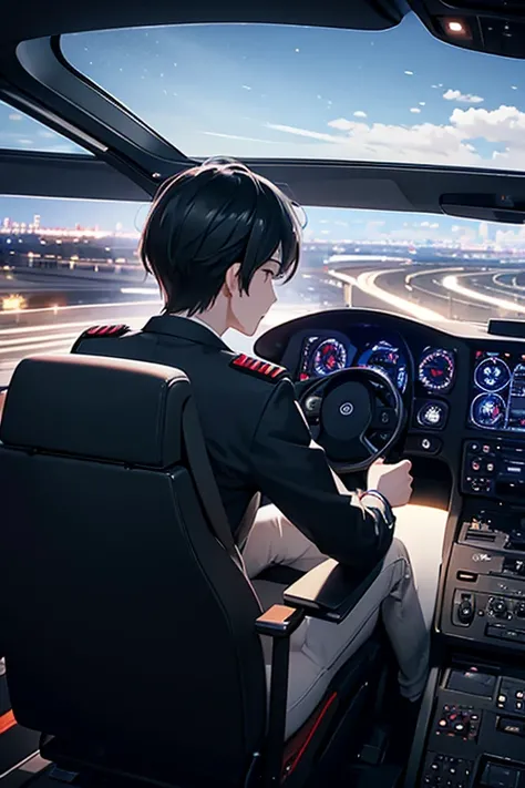 Rear view of a black-haired pilot man sitting in the cockpit of an Airbus A350 about to land on the runway at night