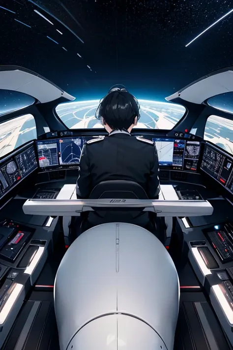 Rear view of a black-haired pilot man sitting in the cockpit of an Airbus A350 about to land on the runway at night