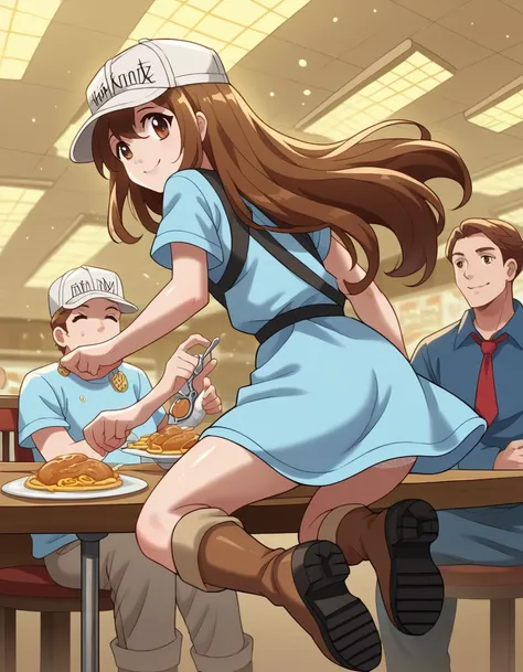 NSFW,1girl,1boy,sex,ass,bukkake,,score_9, score_8_up, score_7_up,  source_Anime, platelet,  long hair, Brown Hair,  brown eyes,,  shirt,  has , Short sleeve,  boots, realistic white lace panties,white headwear, blue  shirt,  flat cap,,  restaurant , Laught...