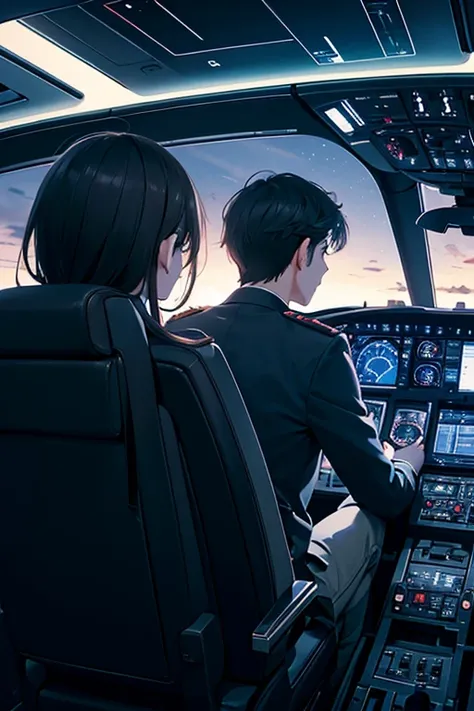 Rear view of a dark-haired pilot man sitting in the cockpit of an Airbus and about to land at the airport at night while circling an airplane