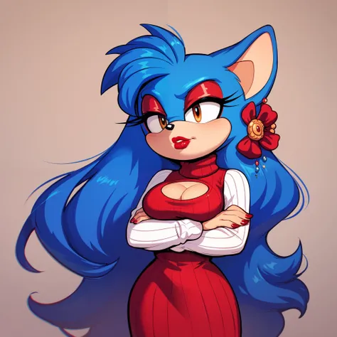 nfsw, (Female Sonic the hedgehog), long wavy quills to resemble long hair, blue fur, medium sized breasts, dressed in a red turtleneck sweater dress, long sleeves, makeup, lipstick, (solo), (1girl), crossed arms, cleavage
