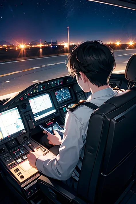 Rear view of a dark-haired pilot man sitting in the cockpit of an airplane and about to land at the airport at night while turning the plane
