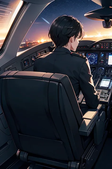 Rear view of a dark-haired pilot man sitting in the cockpit of an airplane and about to land at the airport at night while turning the plane
