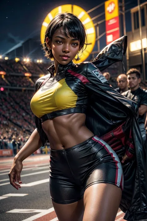 OliveHarper, 1girl, solo,l, short hair, black hair, jewelry, medium breasts, yellow eyes, earrings, t-shirt, tracksuit, dark skin, dark-skinned female, smile, running outdoors on track, sport stadium, spectators, crowd, night, stars, masterpiece, heart sha...