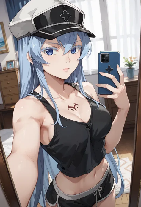esdeath, 1girl, blue eyes, light blue hair, long hair, eyelashes, solo, black tank top, indoors ,medium breast, dolphin shorts, anime, mirror selfie, holding phone, hat
