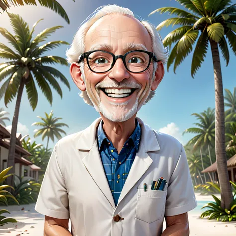 Create a realistic full-body 4D cartoon character with a large head, a 65-year-old white man with a happy and cheerful expression. He has a half-smile, a half-bald head of white hair, not very large ears, glasses, and kind eyes. He is wearing a white lab c...