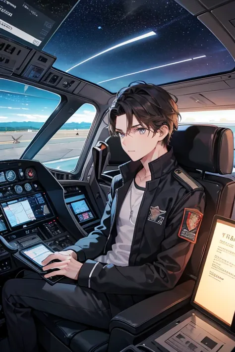 A man with dark hair is sitting in the cockpit of an airplane, piloting an airplane, and trying to land at the airport at night
