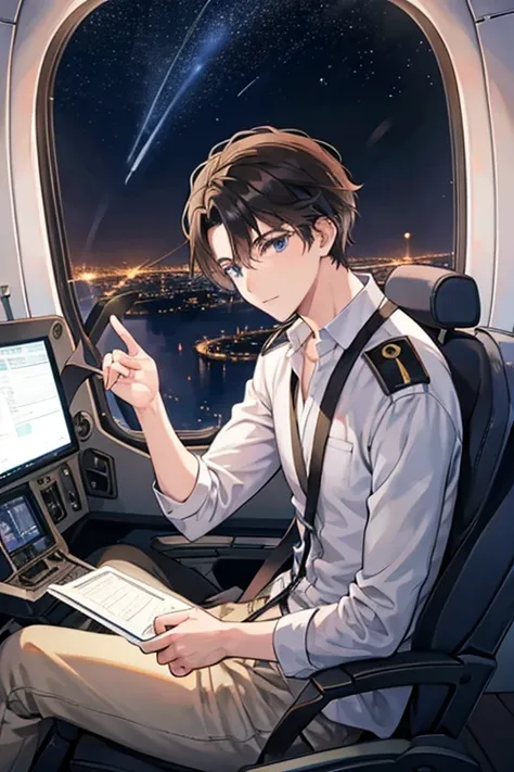 A man with dark hair is sitting in the cockpit of an airplane, piloting an airplane, and trying to land at the airport at night
