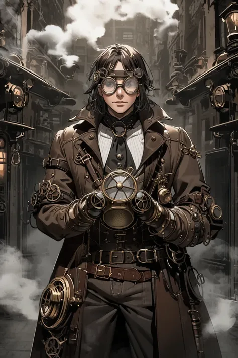 man, medium hair, steampunk glasses , Steam punk style clothing,  in front 