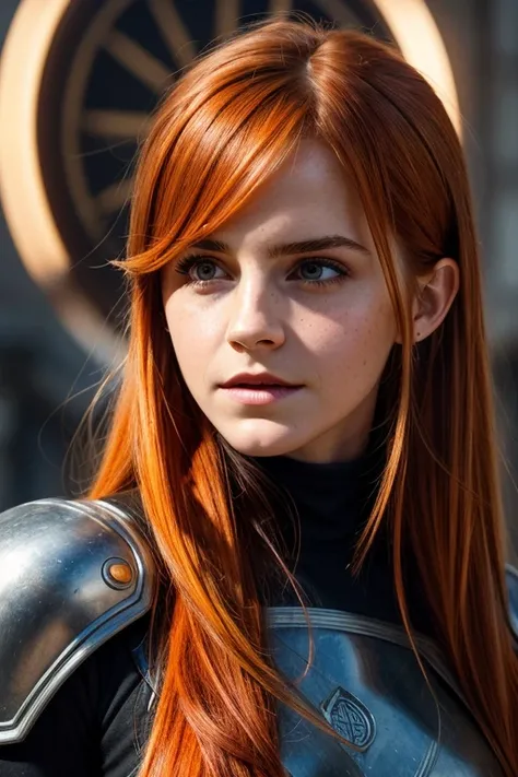 Face de Emma Watson, ( masterpiece ),  best quality ,  Ultra-detailed,  illustration,  warm lighting ,  bright colors, 1 , Alone,  Very Long Hair ,  gray hair ,  orange hair, internal orange hair,  red eyes ,  colored inner hair , two-tone hair, ahoge,  ab...