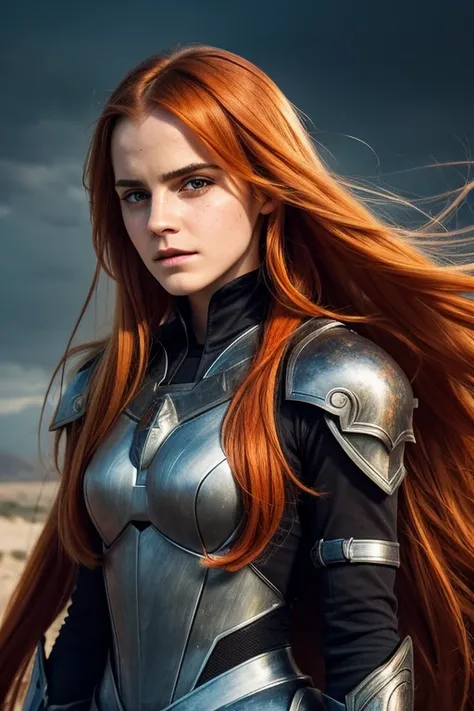 Face de Emma Watson, ( masterpiece ),  best quality ,  Ultra-detailed,  illustration,  warm lighting ,  bright colors, 1 , Alone,  Very Long Hair ,  gray hair ,  orange hair, internal orange hair,  red eyes ,  colored inner hair , two-tone hair, ahoge,  ab...