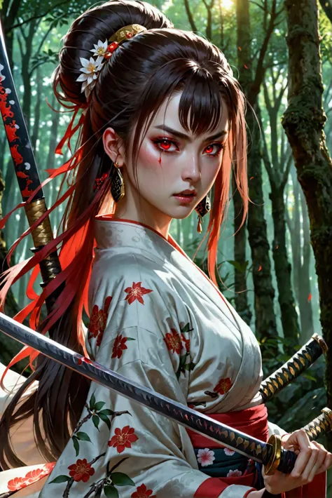 1girl, Very Long Hair, Breasts, Crescent Earrings, Red Eyes, Fang, Heterochromia, Angry, POV, Optical Illusion, Anatomically Correct, Kimono, Katana in hands, Swordsman stance, ancient forest, High Quality, High Details, 