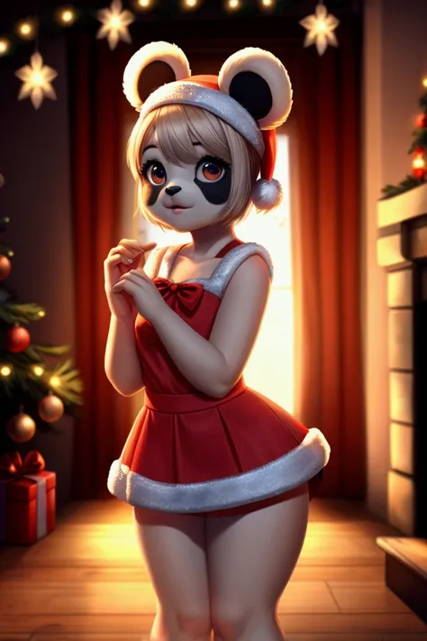 Little skinny little panda bear with good big thighs and wears a short dress with a Christmas-themed mini skirt and is  and a girl and is very cute.