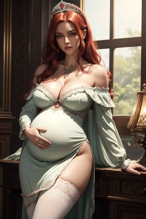 8k, masterpiece, very realistic, Full body, Sexy pregnant princess, very slim waist, big thighs, elaborate detailed tight beautiful green off shoulder dress, long straight flowing light red hair, elaborate detailed patterned white stockings, cleavage, preg...