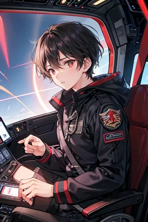 A dark-haired pilot man is conducting training in the cockpit where the light on a number 々Rear view of flight training being carried out in the cockpit with the instrument light glowing red