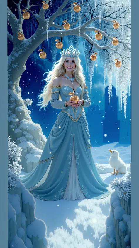 Fairy-tale  beautiful tall and slim princess in blue dress collecting golden apples from the chrystal tree in fantastic winter forest under the light of full moon in the night. Nice skin, friendly face, look of the godess, golden details on dress, deep blu...