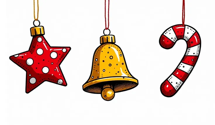 Christmas ornaments shaped like stars, bells, and candy canes, covered in pop art cartoon designs with exaggerated patterns like polka dots and quirky hand-drawn squiggles. The bold use of white space amplifies the vibrant colors.