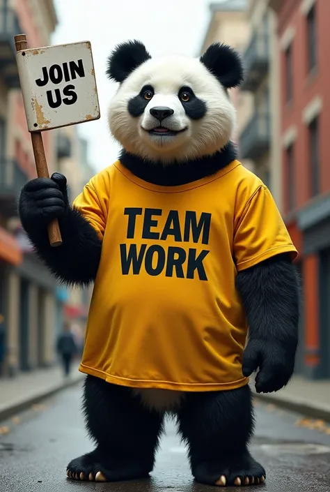 Big panda bear dressed in hip hop clothes standing on the street and on his yellow shirt the writing team work with black letters and in his hand a white flag with the black writing join us 