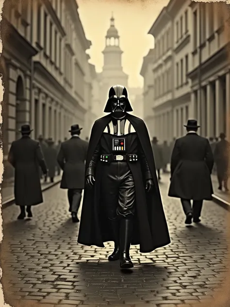 old worned out photo of a Darth Vader walking the streets of the 1930s  Warsaw,sepia filter