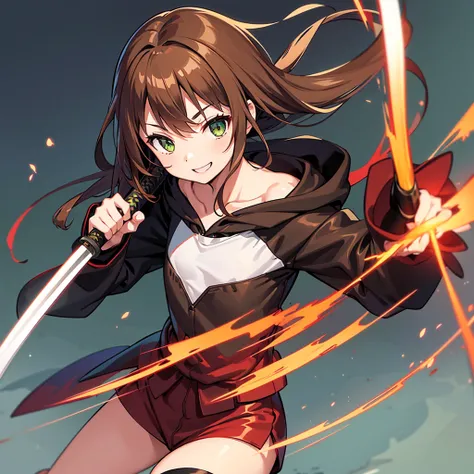 holding Katana, The blade of the Katana is red, the set up, 1girl, solo, Japanese Kyoto, light brown hair, long hair, dark green eyes, flat chest, slim figure, smile, hoodie,  perfect anatomy